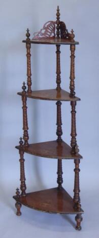 A Victorian walnut and marquetry four tier corner washstand