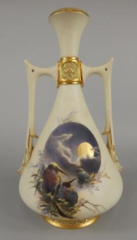 A Royal Worcester two handled ivory tapered conical vase