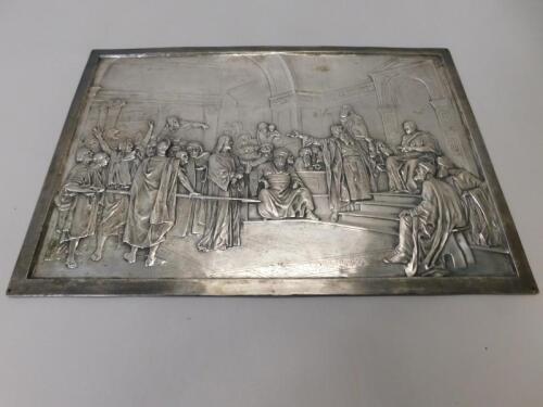 A Continental polished pewter panel