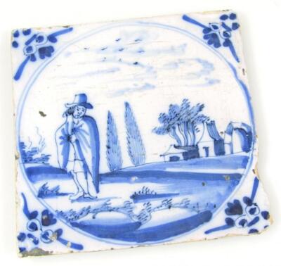 An 18thC blue and white Delft tile - 3