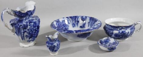 A late 19thC flow blue pottery wash jug and bowl set.