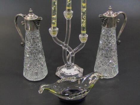 A Nachtmann glass three branch candelabra