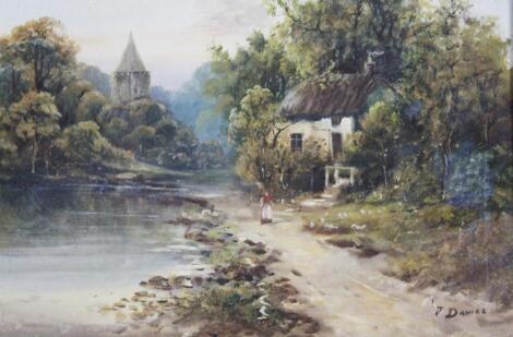 J Davies (19thC English School). Figure on a path before cottage and spire with stream to her side