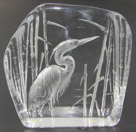 A 20thC M Jonasson RK glass stork sculpture