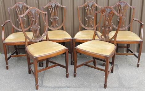 A set of six (4+2) 20thC Hepplewhite design shield back mahogany finish dining chairs