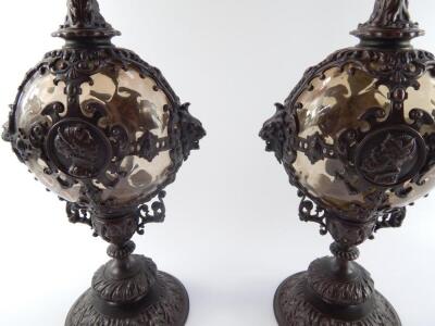 A pair of Continental late 19thC glass and bronze mounted ewers - 2