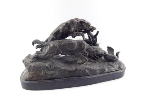 After P J Mene. A late 19thC bronze figure group of gun dogs claiming a downed duck