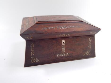 A Regency rosewood and mother of pearl inlaid sarcophagus sewing box