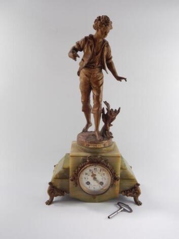 A French late 19thC green onyx and brass mantel clock