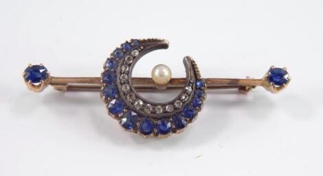 A Victorian sapphire diamond and pearl set crescent moon bar brooch