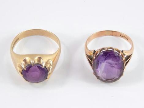 Two 9ct gold and amethyst solitaire rings