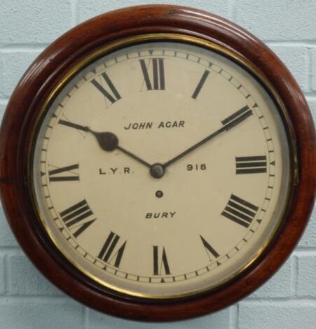 A late 19thC mahogany railway wall clock
