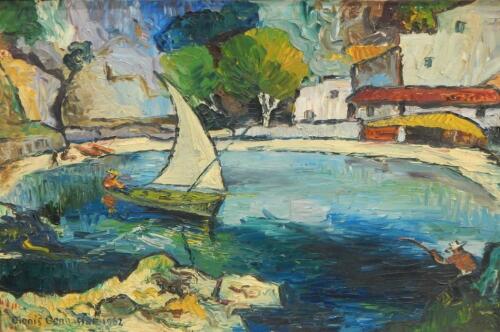 ‡Dionis Bennassar (1905-1967). Harbour scene with sailing boat