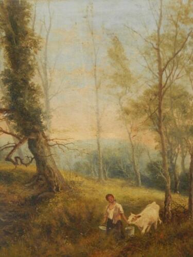 J. Longstaffe (19thC). Woodland scene with milk maid