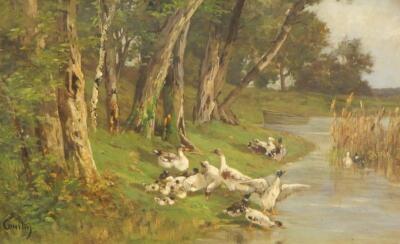 Caroline Courtin (1819-1875). River scene with rowing boat and ducks