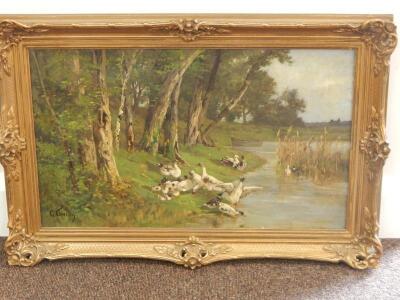 Caroline Courtin (1819-1875). River scene with rowing boat and ducks - 2