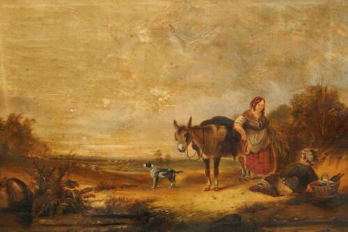 19thC British School. Country figures with donkey and dog