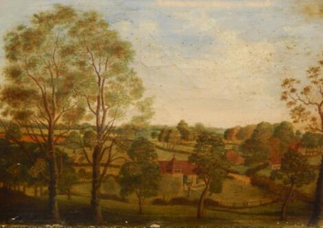 19thC British School. Rural landscape with church and farmstead