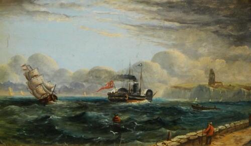 G.B. (19thC). Paddle steamer in coastal seascape