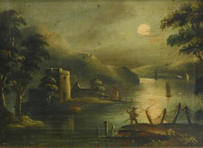 19thC School. Moonlight river scene