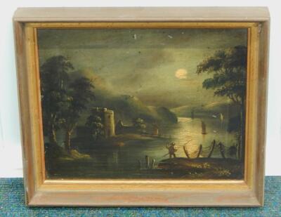 19thC School. Moonlight river scene - 2