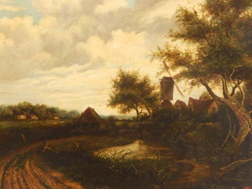 Alfred Edward Pearce? (19thC). River landscape with windmill