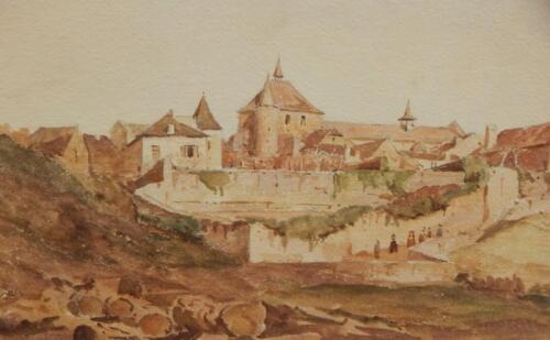 19thC Continental School. Village landscape with figures