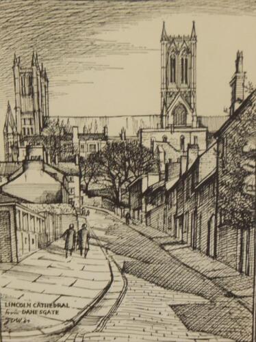 After John Danby Wheeldon (1914-2008). Lincoln Cathedral from Danesgate