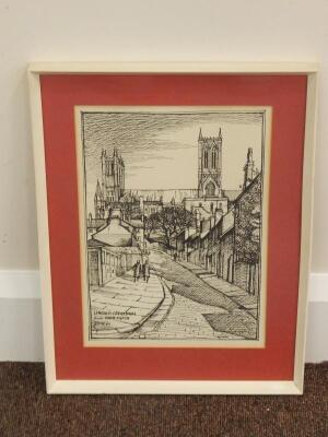 After John Danby Wheeldon (1914-2008). Lincoln Cathedral from Danesgate - 2