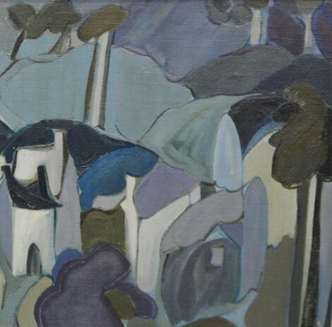 Brigid Wright (1939-2000). Blue house and trees