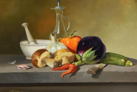 Paul Wilson (b.1945). Still life with mushroom and chillies