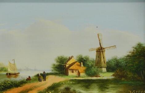 J Crook (20thC). Dutch river scene with windmill