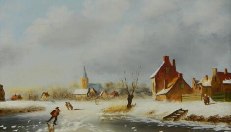 J Crook (20thC). Dutch winter scene