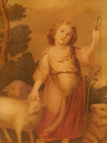 19thC Oilography. Shepherd with sheep