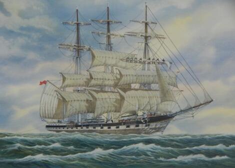 A E Malone (20thC). Masted ship at sea