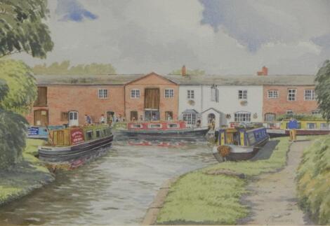 V Bowcott. Canal boat scene