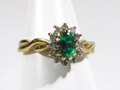 Two green stone and diamond gem rings. (2) - 4