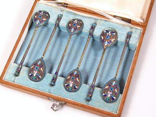 A set of six Russian silver gilt and enamel teaspoons