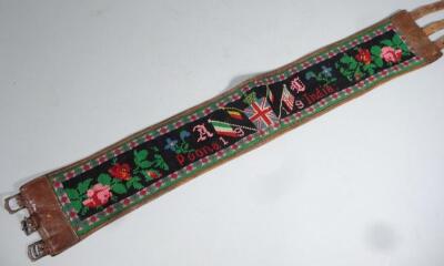 A 1919 leather and knitted Indian Poona (Pune) adjustable belt sash