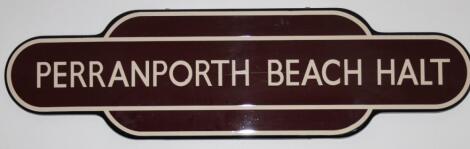 A Perranporth Beach Halt railway totem sign