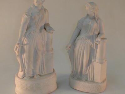 A 19thC parian figure of a classically dressed maiden leaning against a