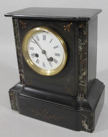 A late Victorian black slate and marble mantel clock