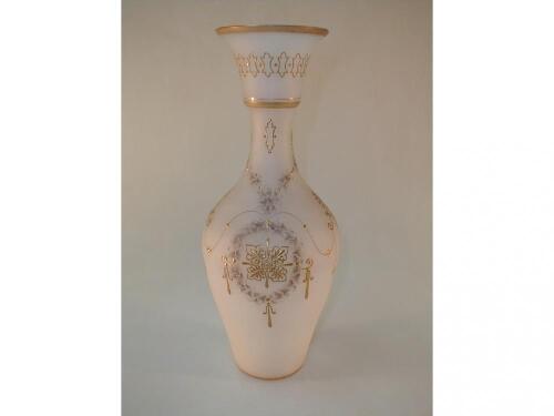 A Victorian frosted glass vase with gilt and painted Etruscan decoration