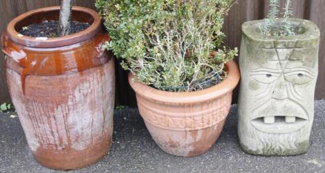 A partially glazed stoneware pippin planter