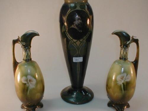 A 20thC Dutch Art Nouveau vase with portrait of Frans Harls and a pair of ewers