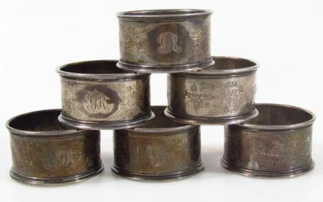 Six various silver napkin rings