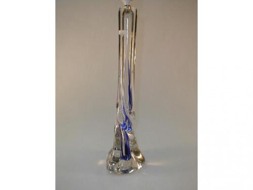 A cased glass lamp base with blue and white core