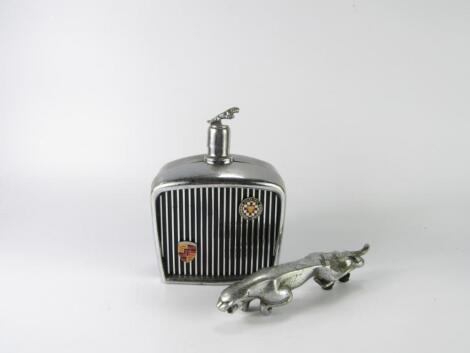 A Jaguar bonnet mascot and a radiator grill spirit flask