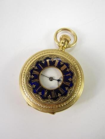 A Victorian lady's 18ct gold half hunter cased pocket watch, keyless wind, enamel dial bearing Roman numerals, subsidiary seconds dial, the outer front casing set with Roman numerals in cobalt blue enamel, back set with old cut diamonds in blue enamel. Bi