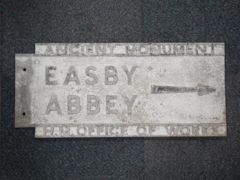A vintage cast aluminium road sign marked for Easby Abbey Ancient